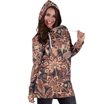 Brown Floral Bohemian Pattern Print Hoodie Dress GearFrost