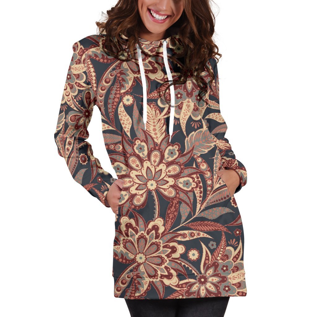 Brown Floral Bohemian Pattern Print Hoodie Dress GearFrost