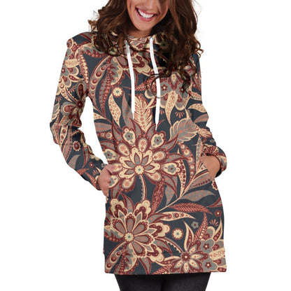 Brown Floral Bohemian Pattern Print Hoodie Dress GearFrost