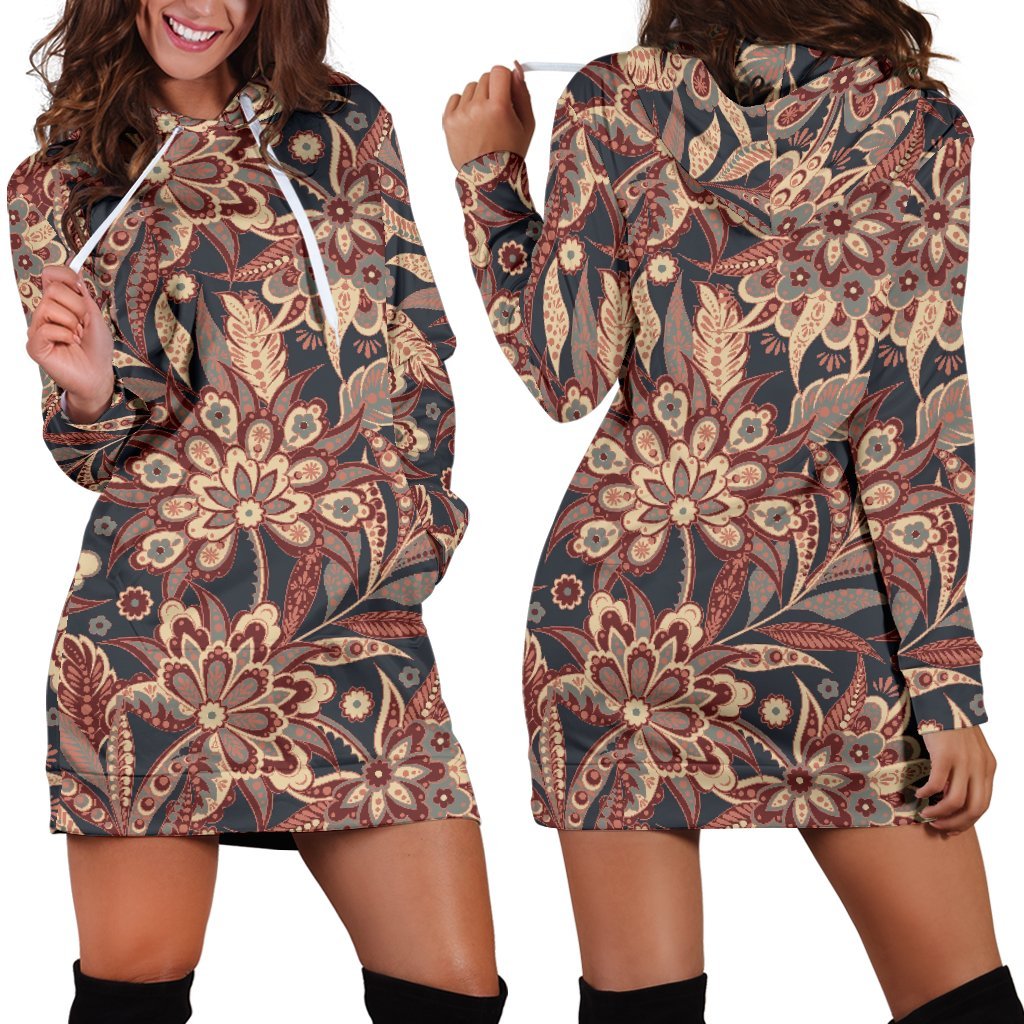 Brown Floral Bohemian Pattern Print Hoodie Dress GearFrost