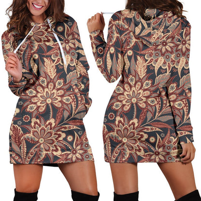 Brown Floral Bohemian Pattern Print Hoodie Dress GearFrost