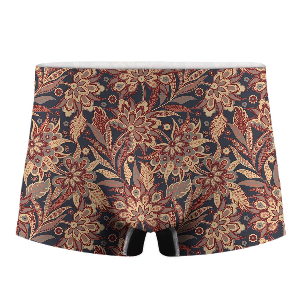 Brown Floral Bohemian Pattern Print Men's Boxer Briefs