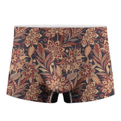 Brown Floral Bohemian Pattern Print Men's Boxer Briefs