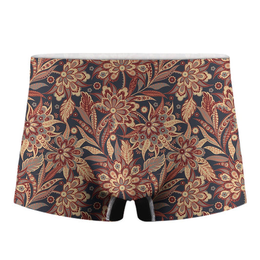 Brown Floral Bohemian Pattern Print Men's Boxer Briefs