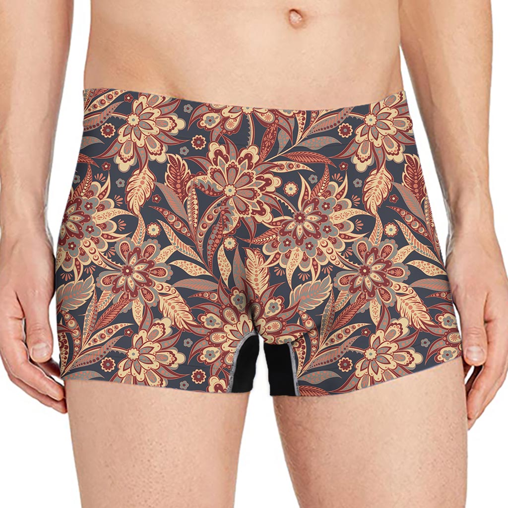 Brown Floral Bohemian Pattern Print Men's Boxer Briefs