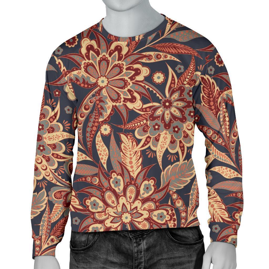 Brown Floral Bohemian Pattern Print Men's Crewneck Sweatshirt GearFrost