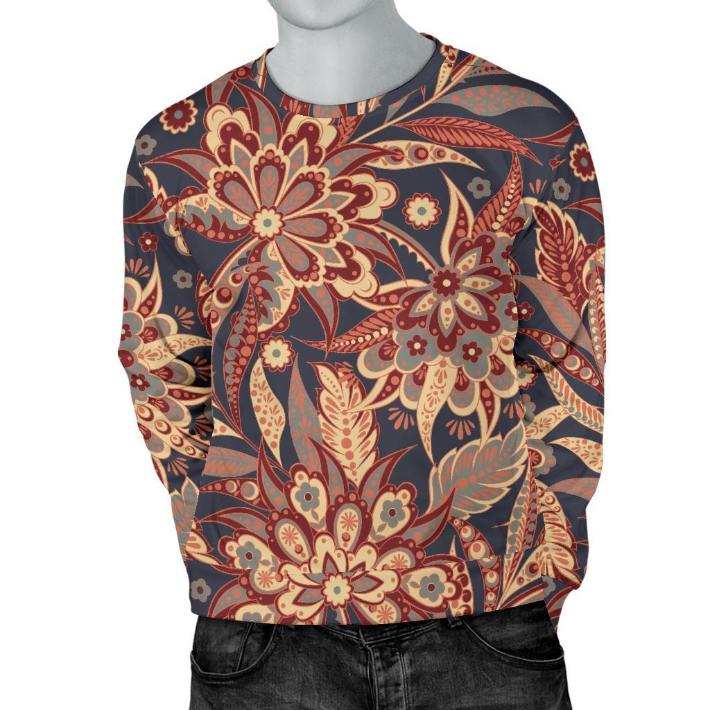 Brown Floral Bohemian Pattern Print Men's Crewneck Sweatshirt GearFrost