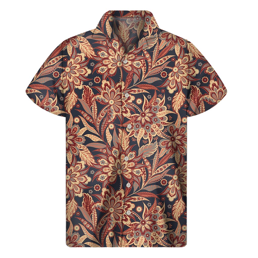 Brown Floral Bohemian Pattern Print Men's Short Sleeve Shirt