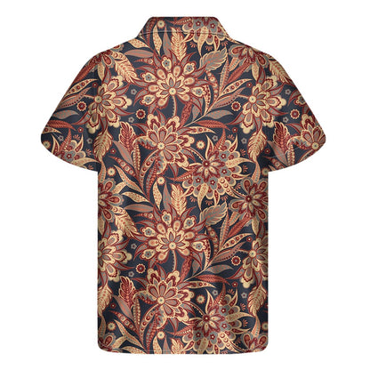 Brown Floral Bohemian Pattern Print Men's Short Sleeve Shirt