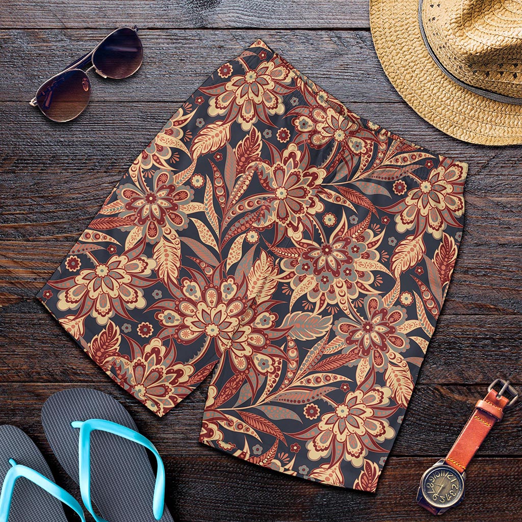 Brown Floral Bohemian Pattern Print Men's Shorts