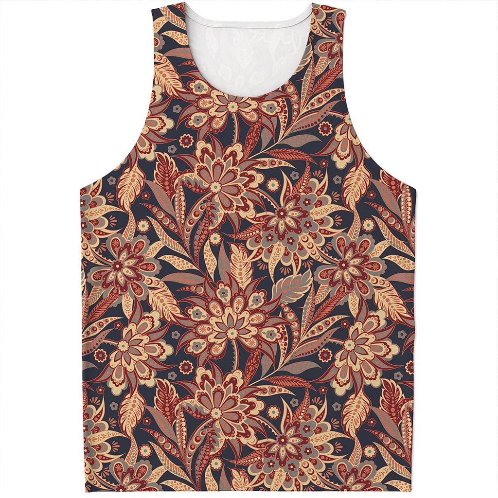 Brown Floral Bohemian Pattern Print Men's Tank Top