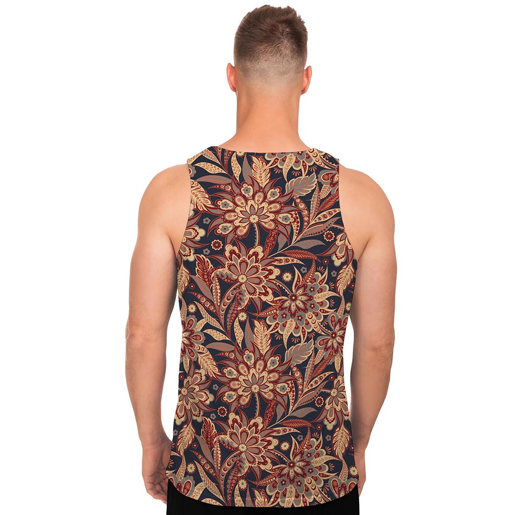 Brown Floral Bohemian Pattern Print Men's Tank Top
