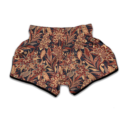 Brown Floral Bohemian Pattern Print Muay Thai Boxing Shorts