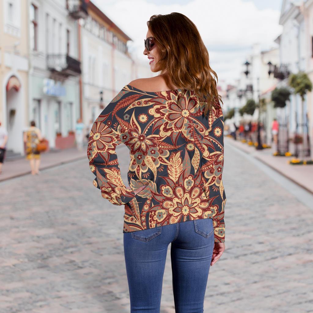 Brown Floral Bohemian Pattern Print Off Shoulder Sweatshirt GearFrost