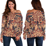 Brown Floral Bohemian Pattern Print Off Shoulder Sweatshirt GearFrost