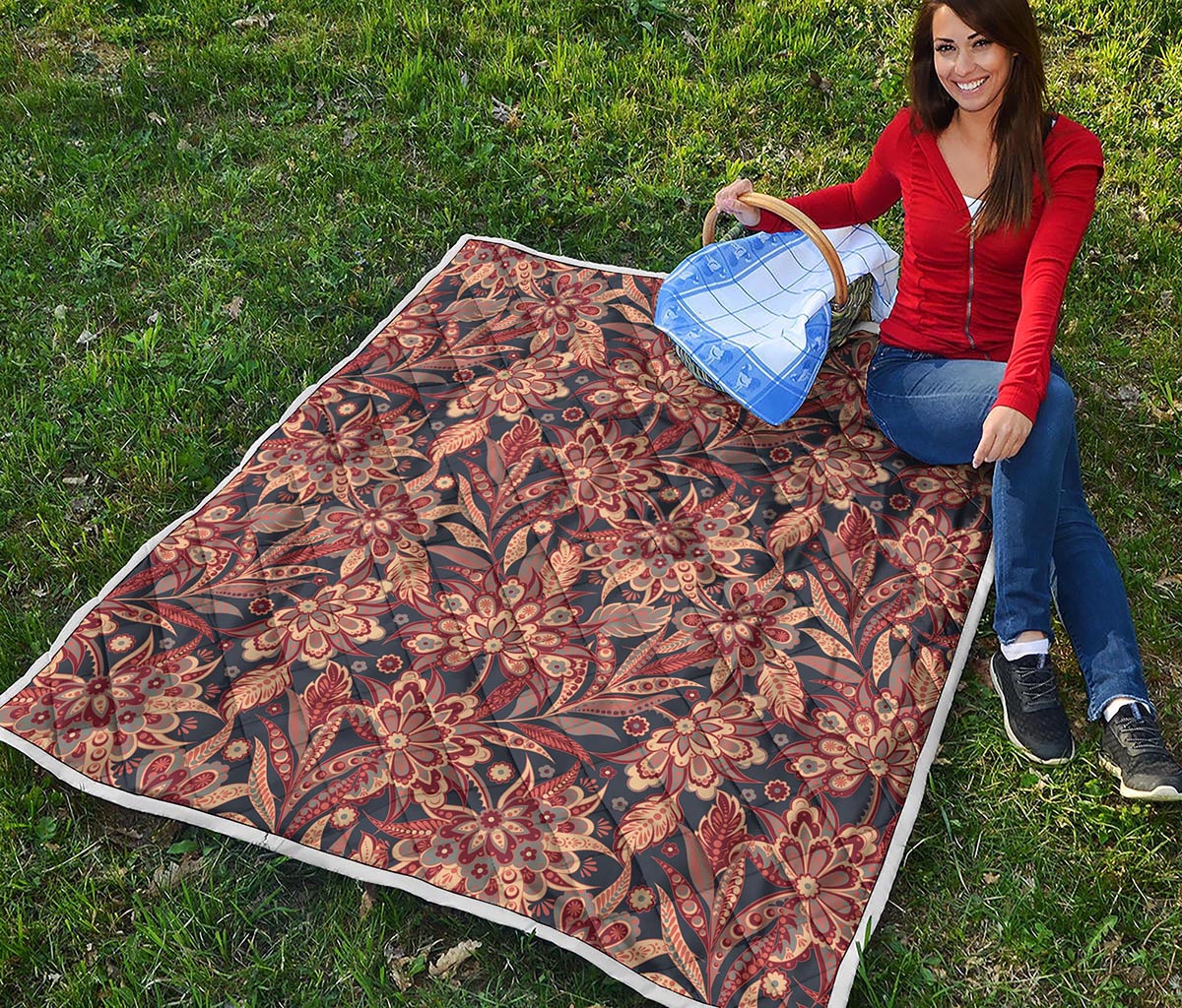 Brown Floral Bohemian Pattern Print Quilt