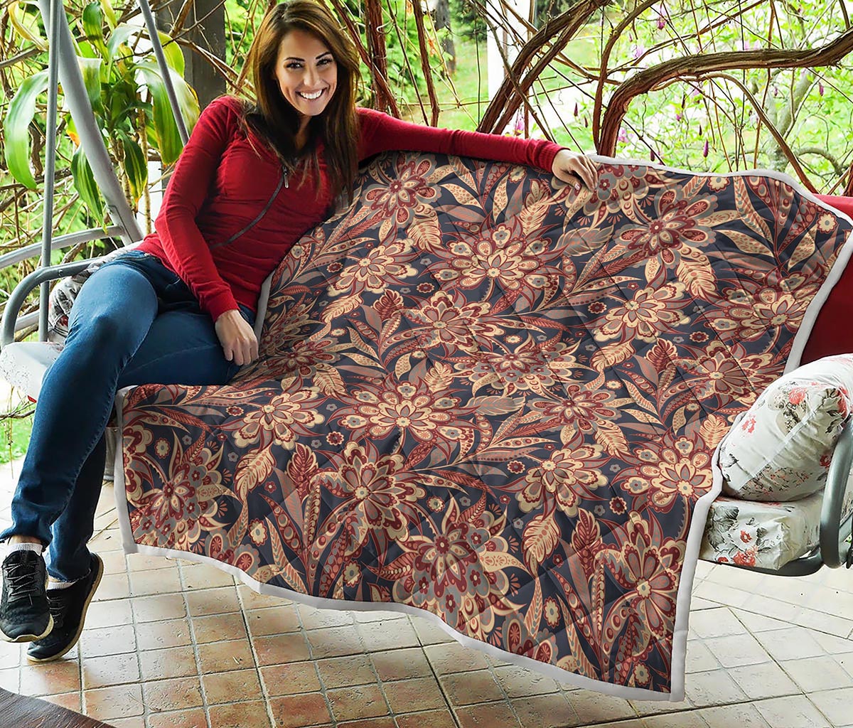 Brown Floral Bohemian Pattern Print Quilt