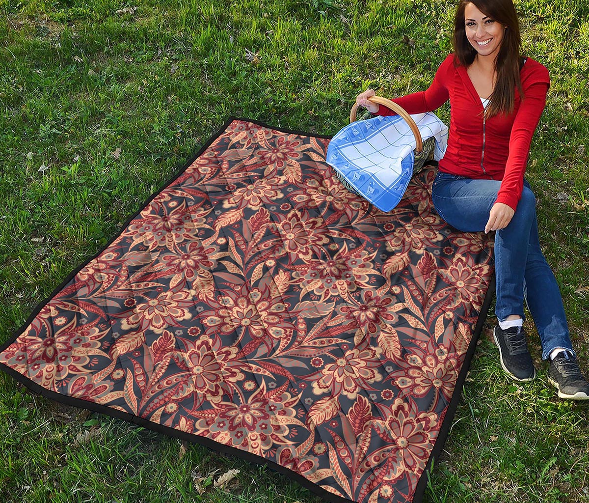 Brown Floral Bohemian Pattern Print Quilt