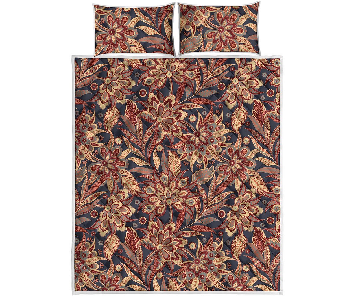 Brown Floral Bohemian Pattern Print Quilt Bed Set