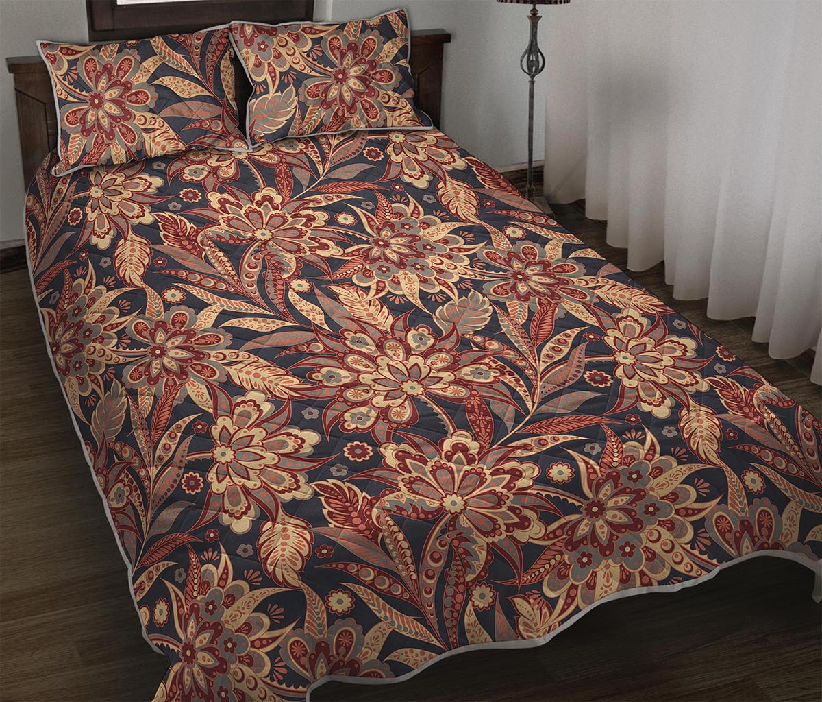 Brown Floral Bohemian Pattern Print Quilt Bed Set