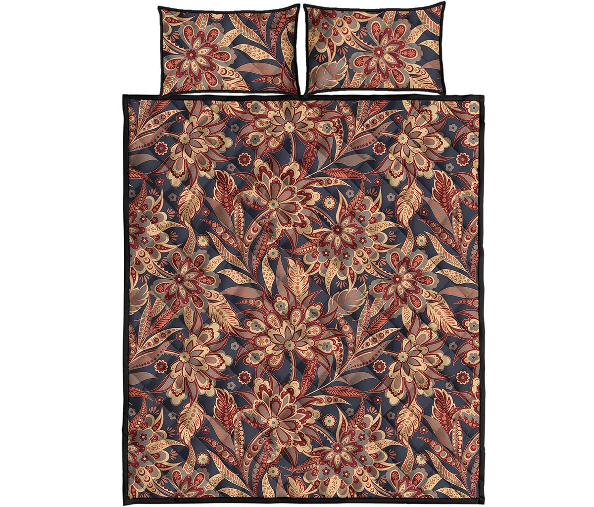 Brown Floral Bohemian Pattern Print Quilt Bed Set