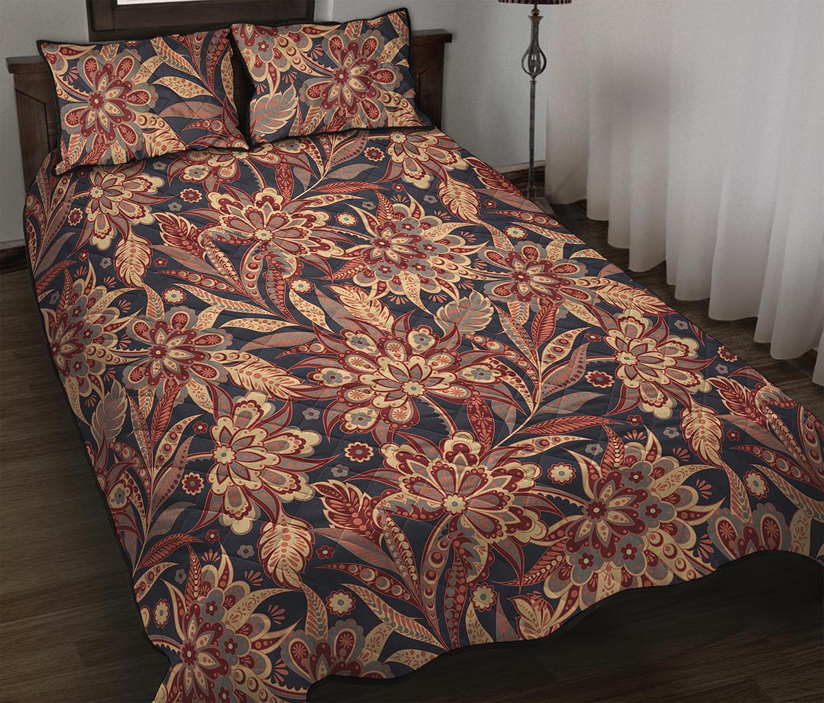 Brown Floral Bohemian Pattern Print Quilt Bed Set