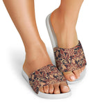 Brown Floral Bohemian Pattern Print White Slide Sandals