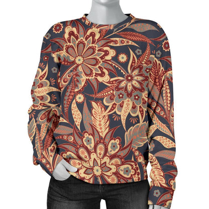 Brown Floral Bohemian Pattern Print Women's Crewneck Sweatshirt GearFrost