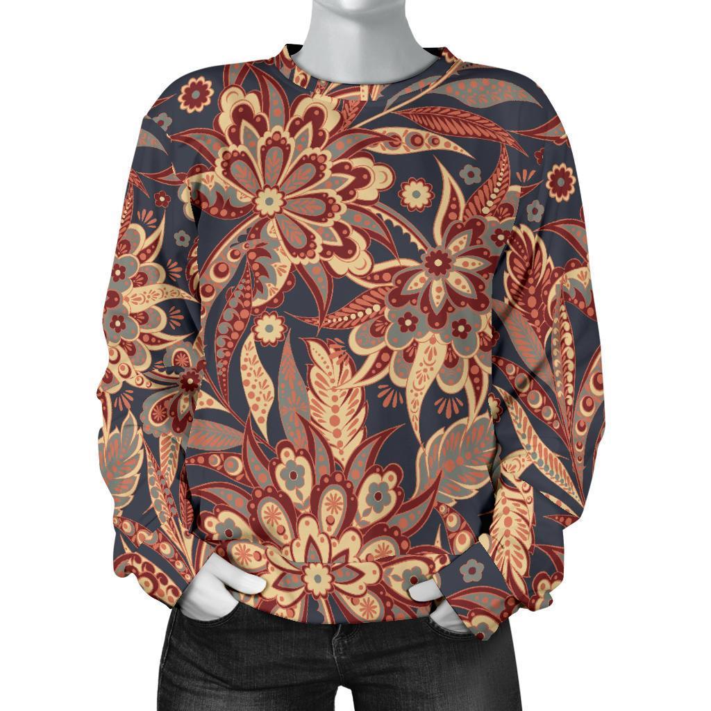 Brown Floral Bohemian Pattern Print Women's Crewneck Sweatshirt GearFrost