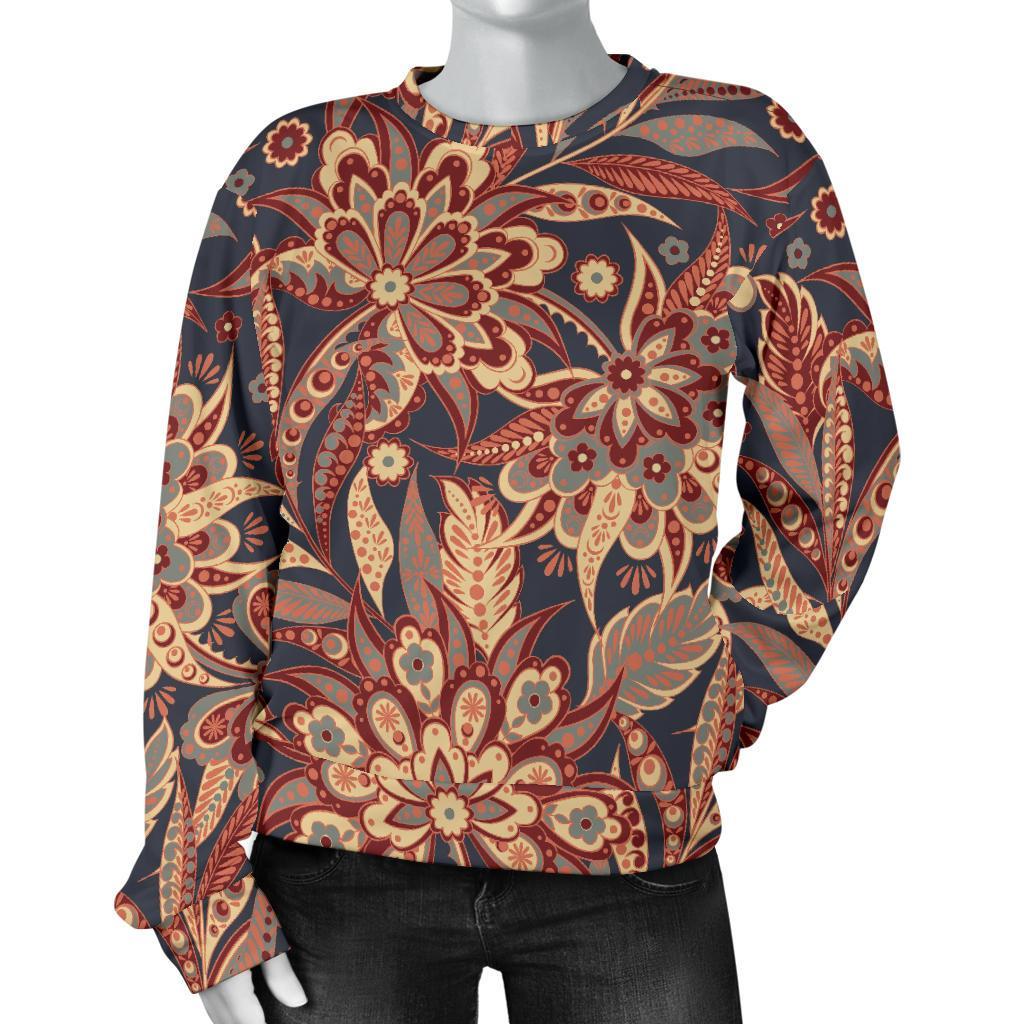 Brown Floral Bohemian Pattern Print Women's Crewneck Sweatshirt GearFrost