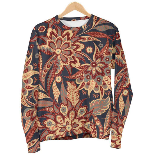 Brown Floral Bohemian Pattern Print Women's Crewneck Sweatshirt GearFrost