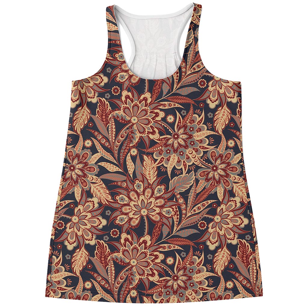 Brown Floral Bohemian Pattern Print Women's Racerback Tank Top