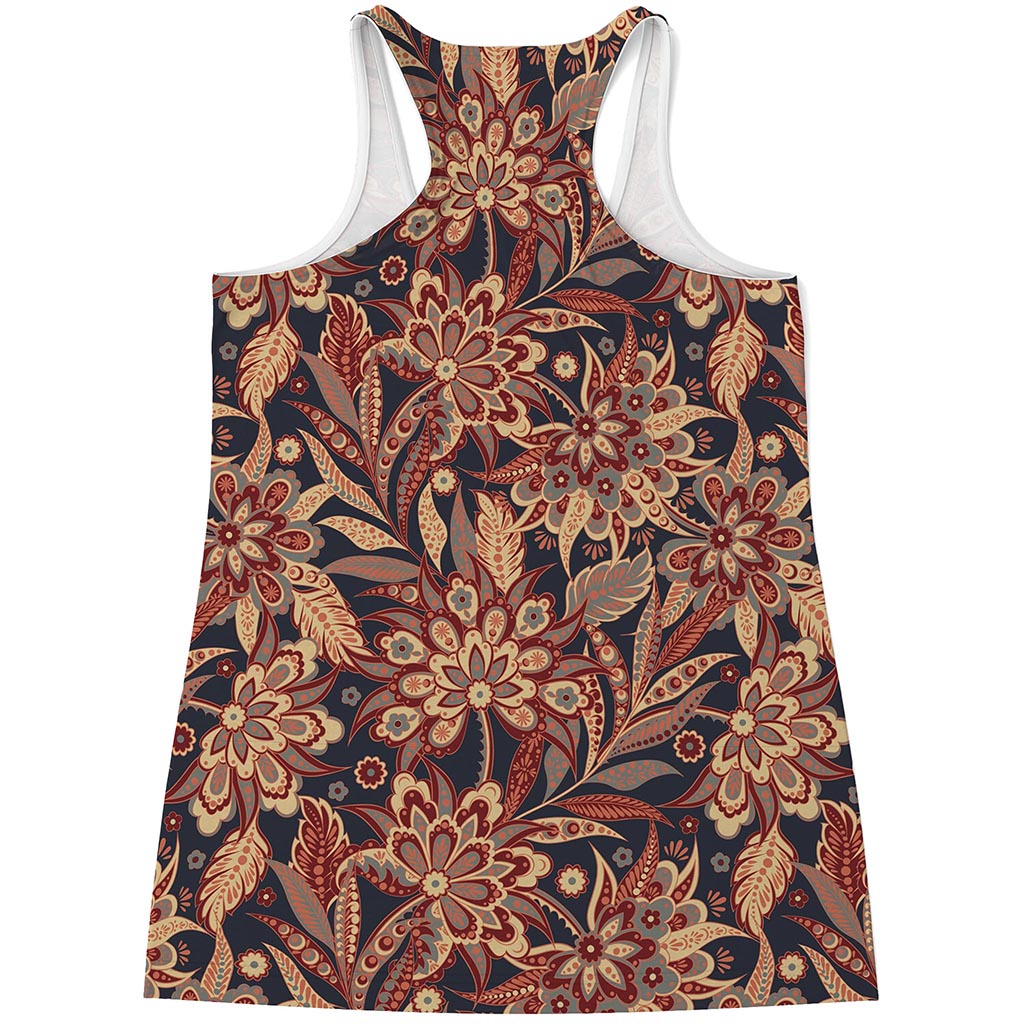 Brown Floral Bohemian Pattern Print Women's Racerback Tank Top