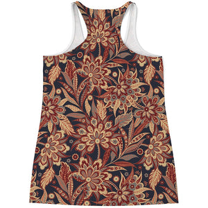 Brown Floral Bohemian Pattern Print Women's Racerback Tank Top