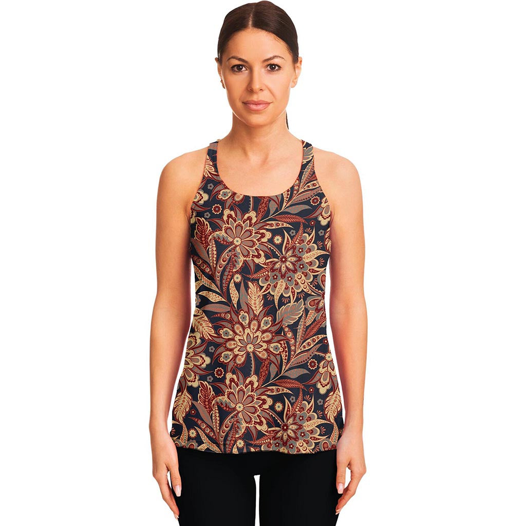 Brown Floral Bohemian Pattern Print Women's Racerback Tank Top