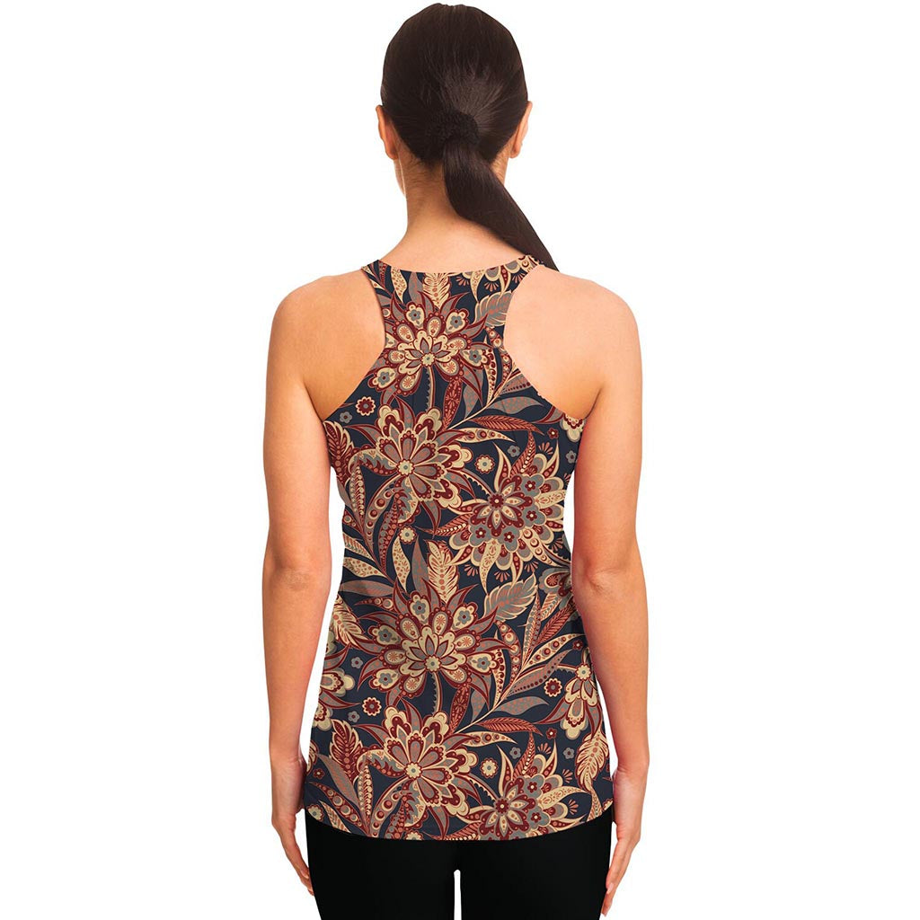 Brown Floral Bohemian Pattern Print Women's Racerback Tank Top