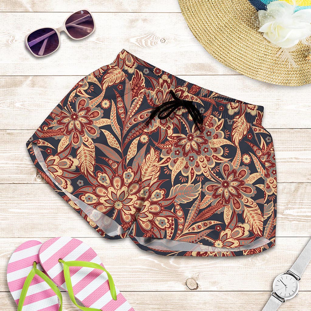 Brown Floral Bohemian Pattern Print Women's Shorts