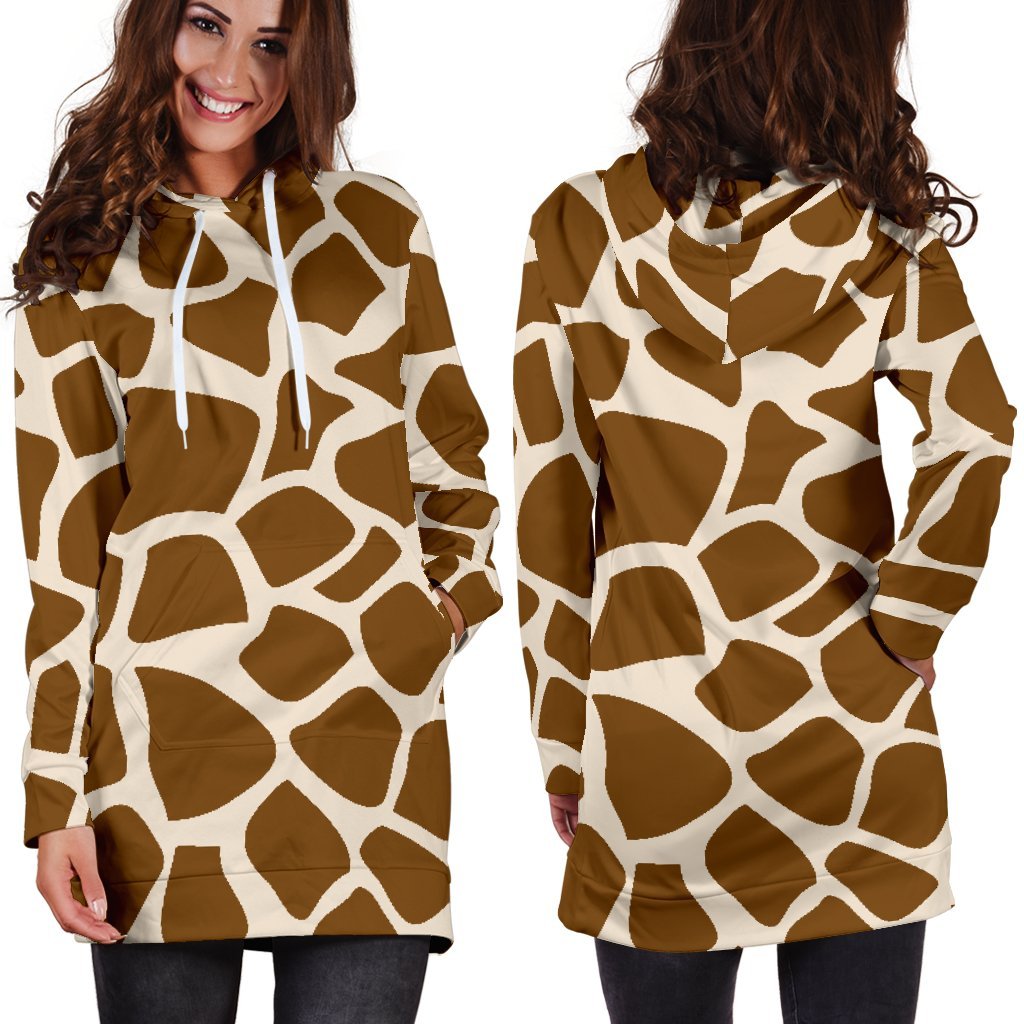 Brown Giraffe Pattern Print Hoodie Dress GearFrost
