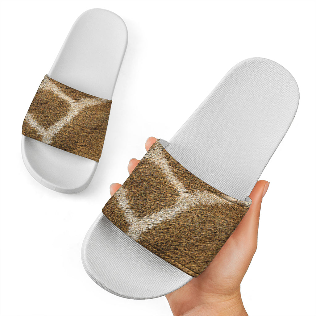 Brown Giraffe Print White Slide Sandals