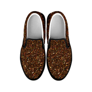 Brown Glitter Texture Print Black Slip On Shoes