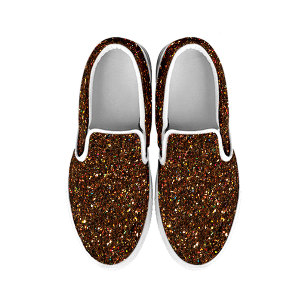 Brown Glitter Texture Print White Slip On Shoes