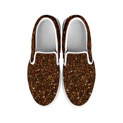 Brown Glitter Texture Print White Slip On Shoes