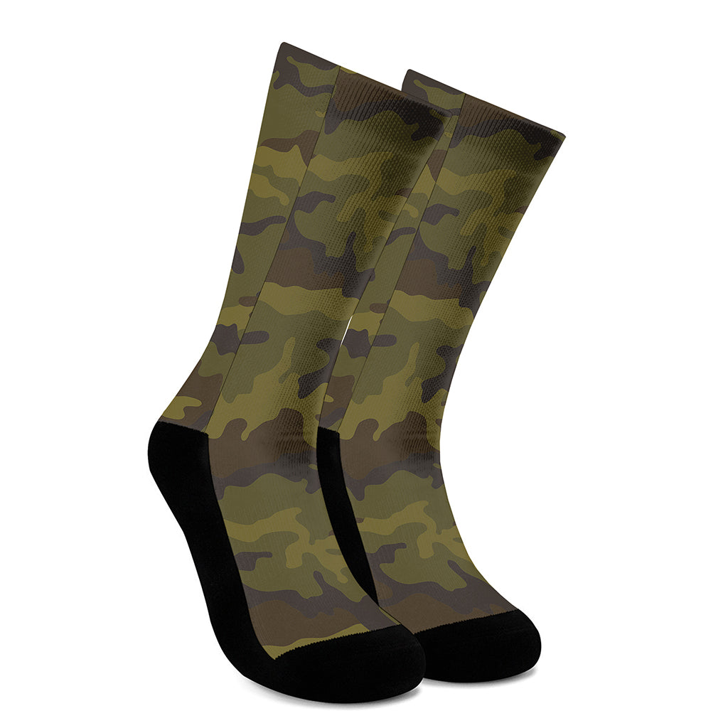 Brown Green Camouflage Print Crew Socks