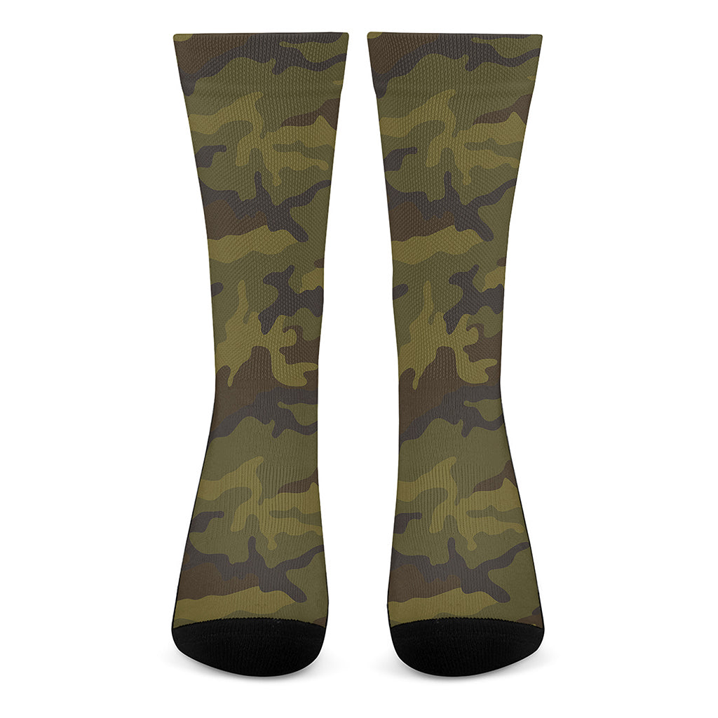 Brown Green Camouflage Print Crew Socks