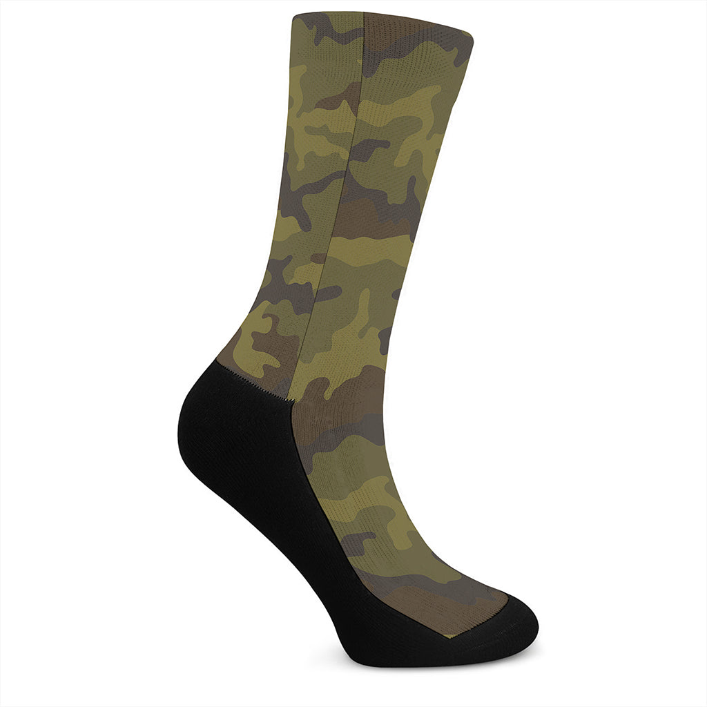 Brown Green Camouflage Print Crew Socks