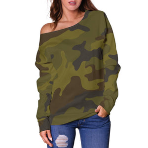 Brown Green Camouflage Print Off Shoulder Sweatshirt GearFrost