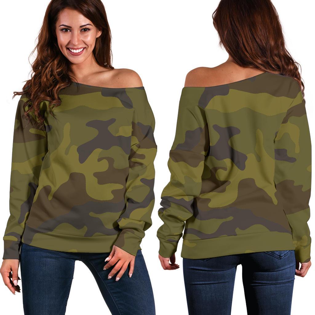 Brown Green Camouflage Print Off Shoulder Sweatshirt GearFrost