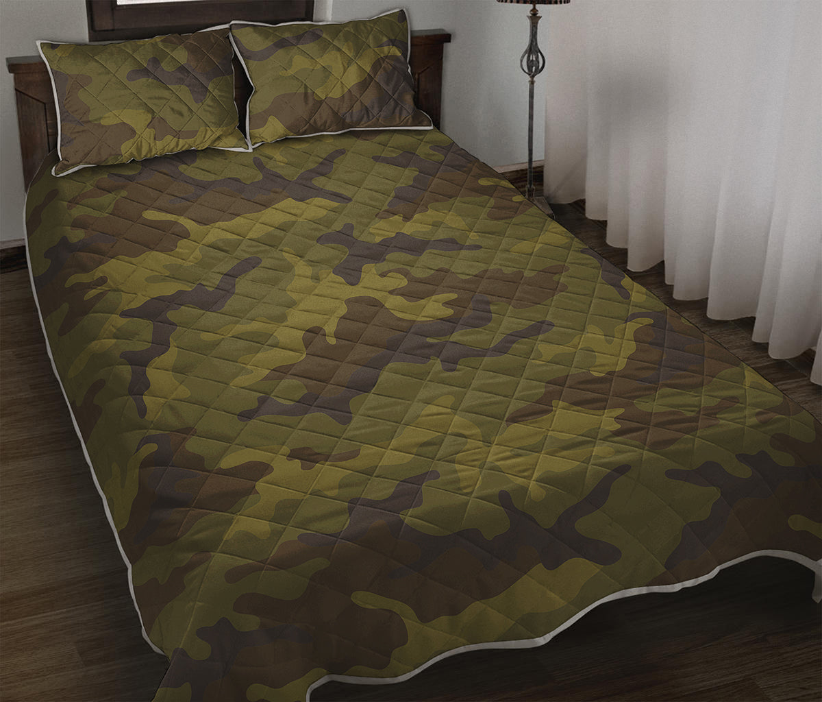 Brown Green Camouflage Print Quilt Bed Set