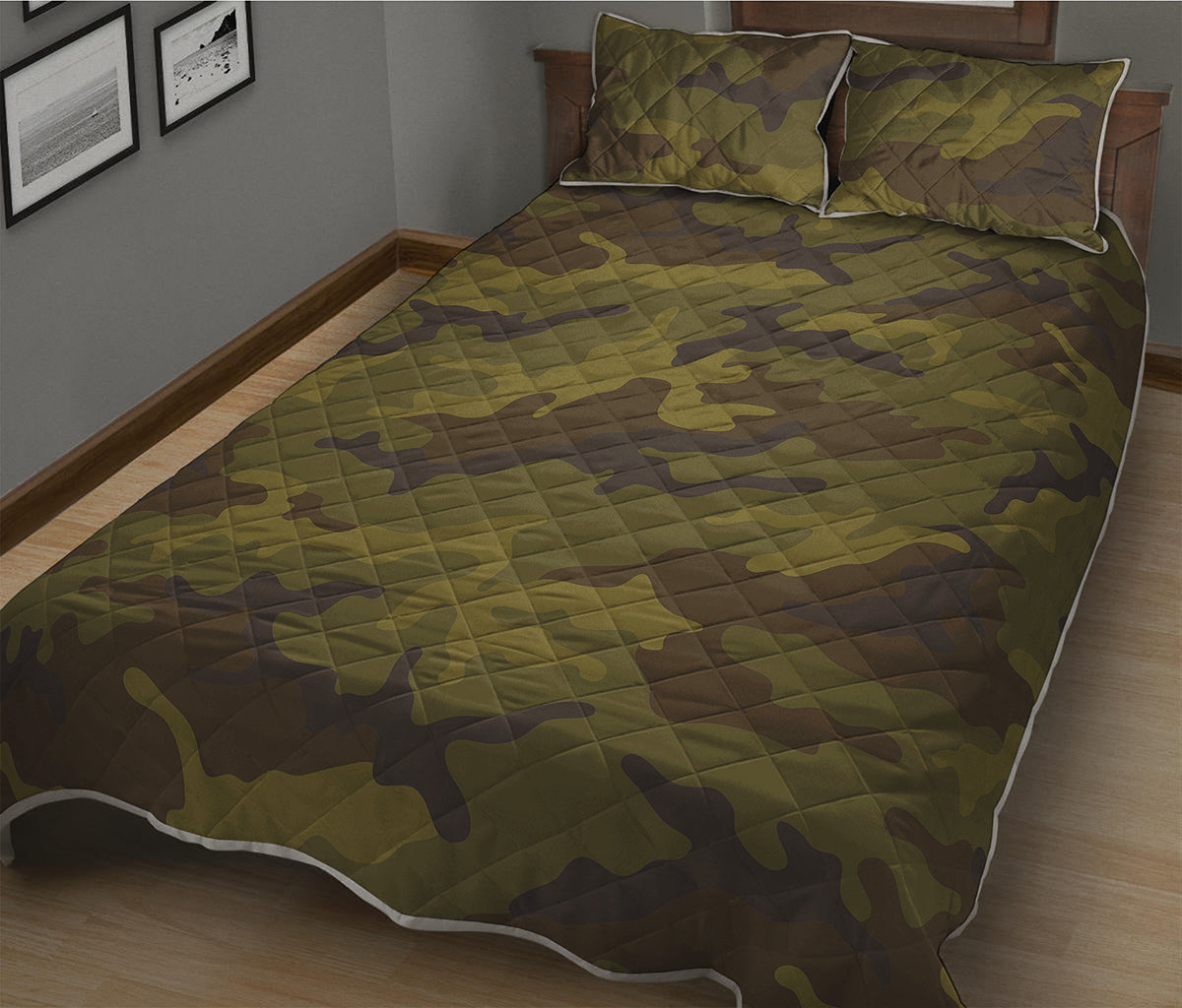 Brown Green Camouflage Print Quilt Bed Set