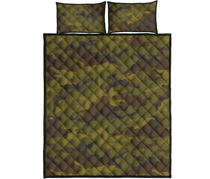 Brown Green Camouflage Print Quilt Bed Set